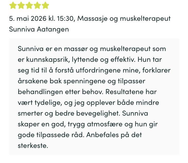 Femstjerners omtale fra Timma av Sunniva Aatangen, massør og muskelterapeut
